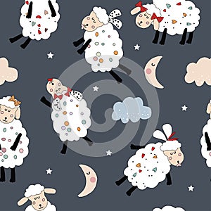 Seamless pattern illustration sleeping little sheep, cloud, moon and stars on the dark blue background